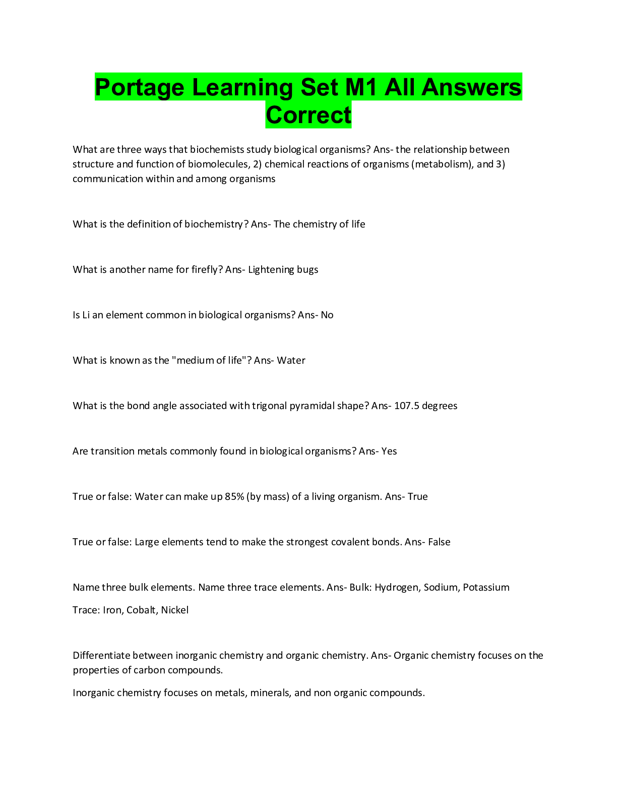 Preview image for Portage Learning Set M1 All Answers  Correct